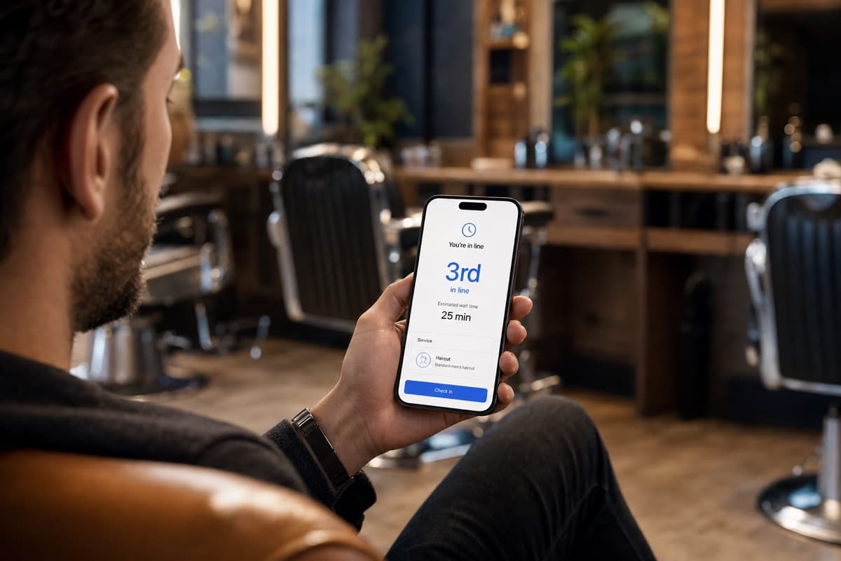 Barbershop client on their phone choosing a service and joining the virtual queue