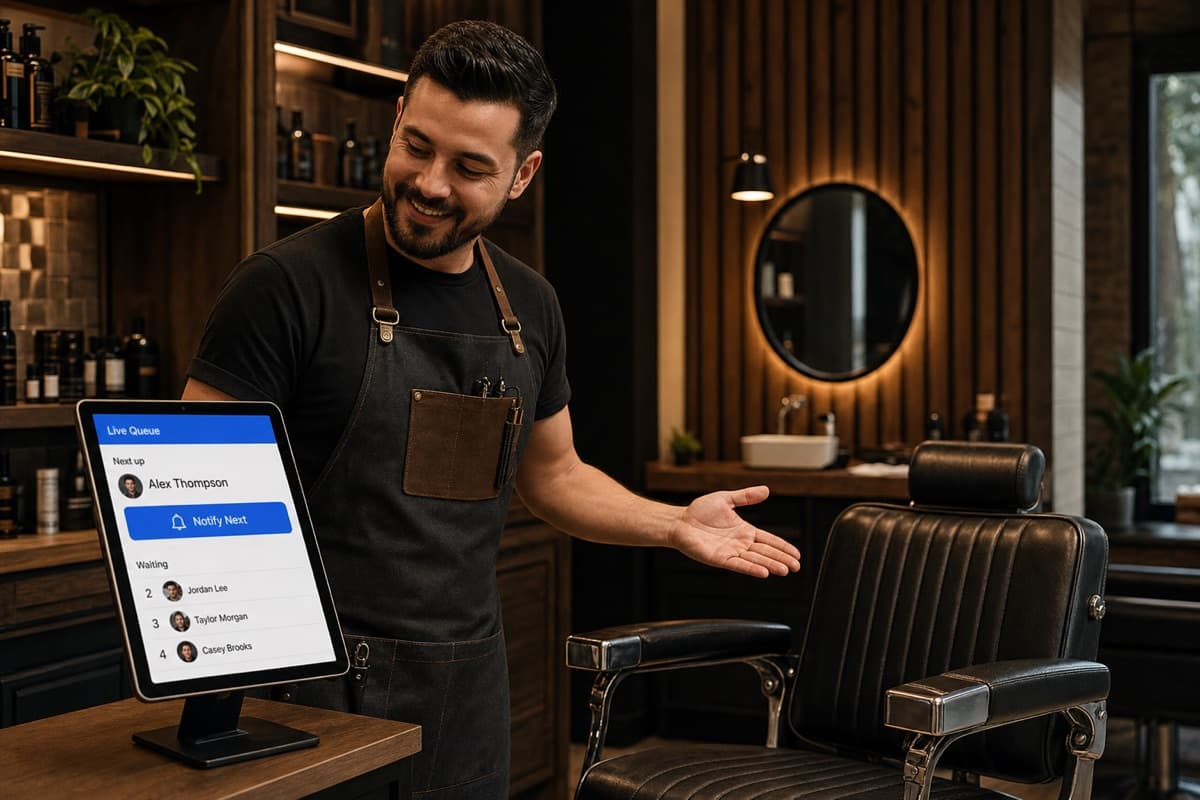 Barber tapping notify on the queue dashboard and welcoming a client to the chair