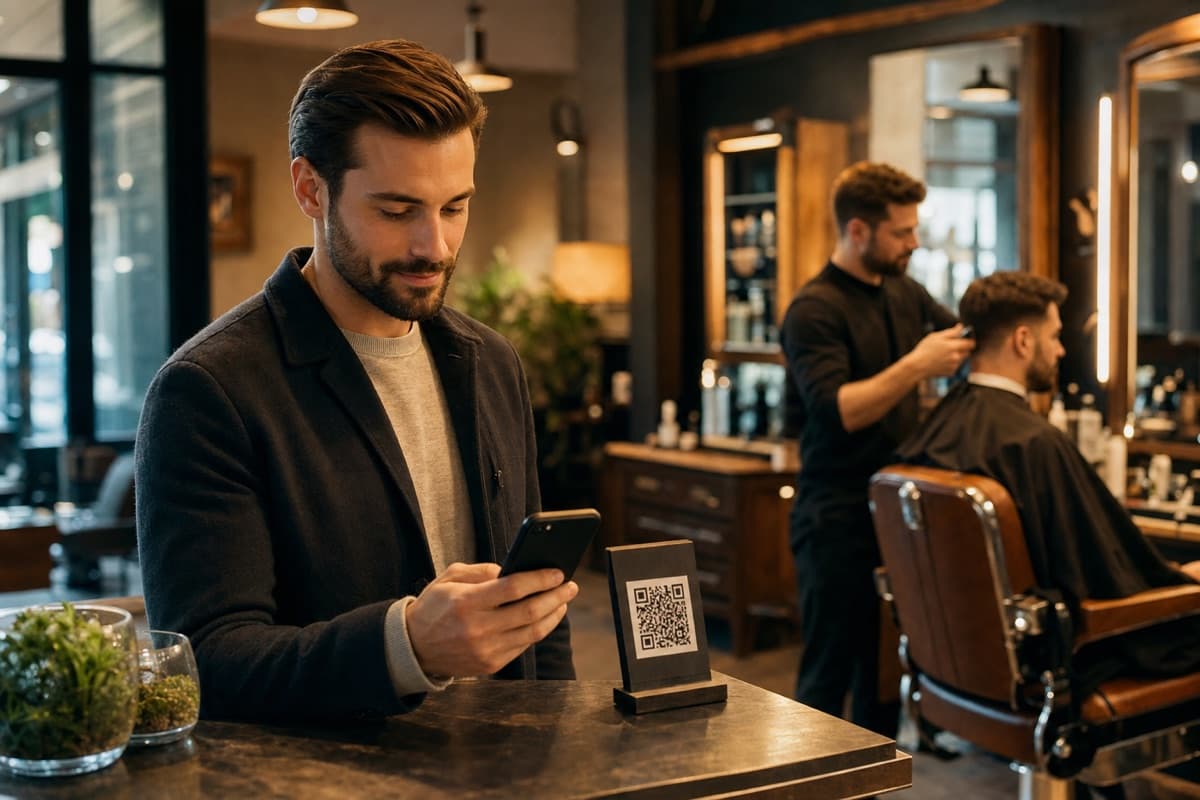 Client scanning a barbershop QR code with their phone at the counter