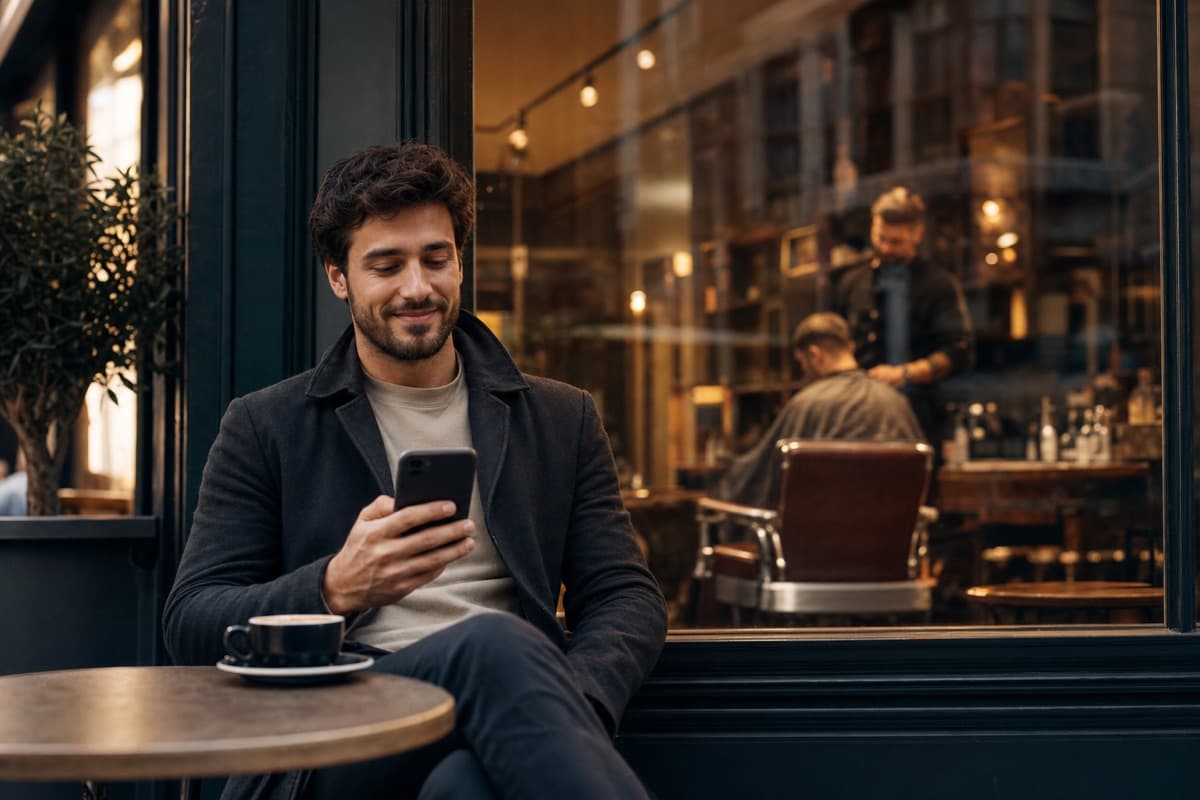 Client waiting comfortably at a nearby cafe, checking their queue position on their phone
