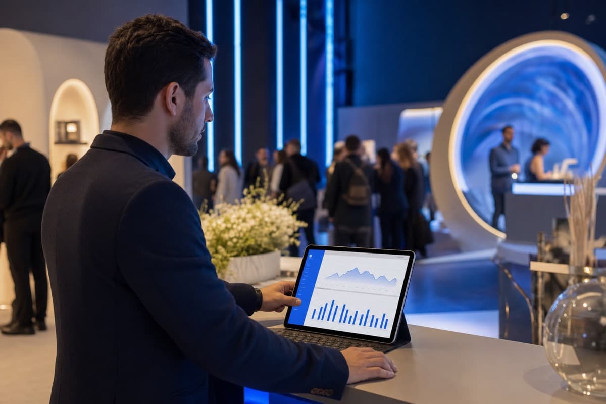 Event manager reviewing real-time queue analytics on a dashboard at the activation