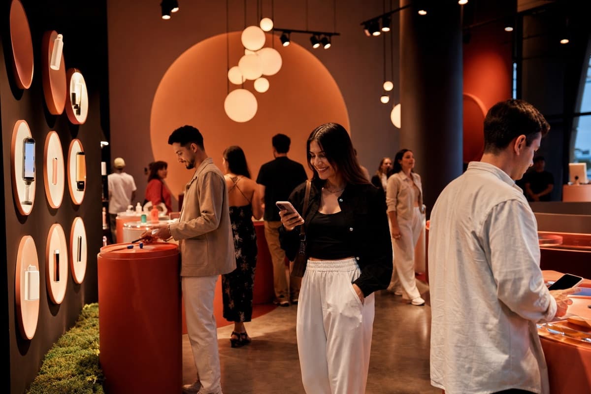 Attendees exploring an experiential brand activation while holding their place in the queue