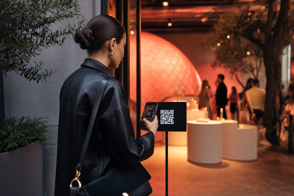 Attendee scanning a QR code at a brand activation pop-up entrance