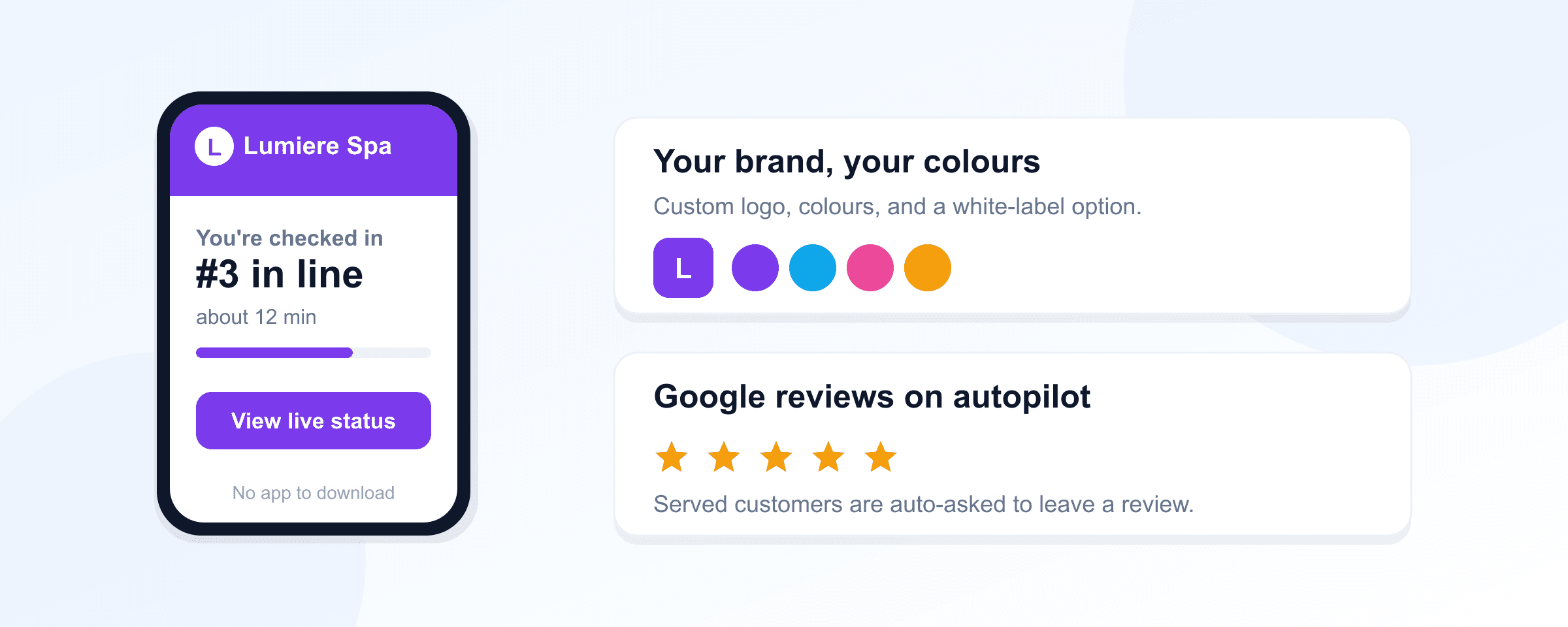 Branded ScanQueue join screen with custom colours, live position, and Google review prompt