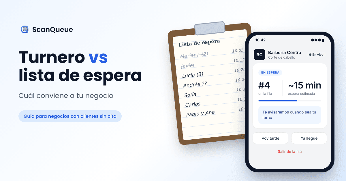 Una lista de espera en papel junto a un teléfono que muestra un turno digital: número 4 en la fila y unos 15 minutos de espera