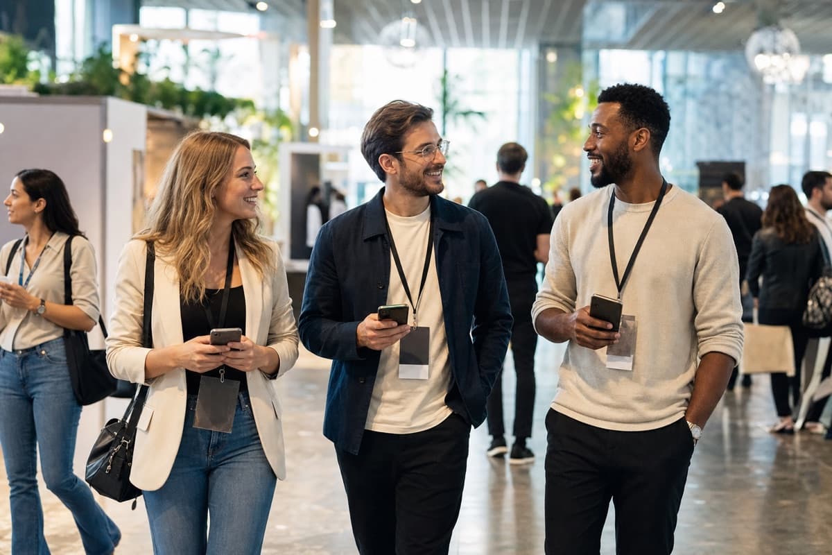 Attendees walking and networking freely across a trade-show floor instead of waiting in line