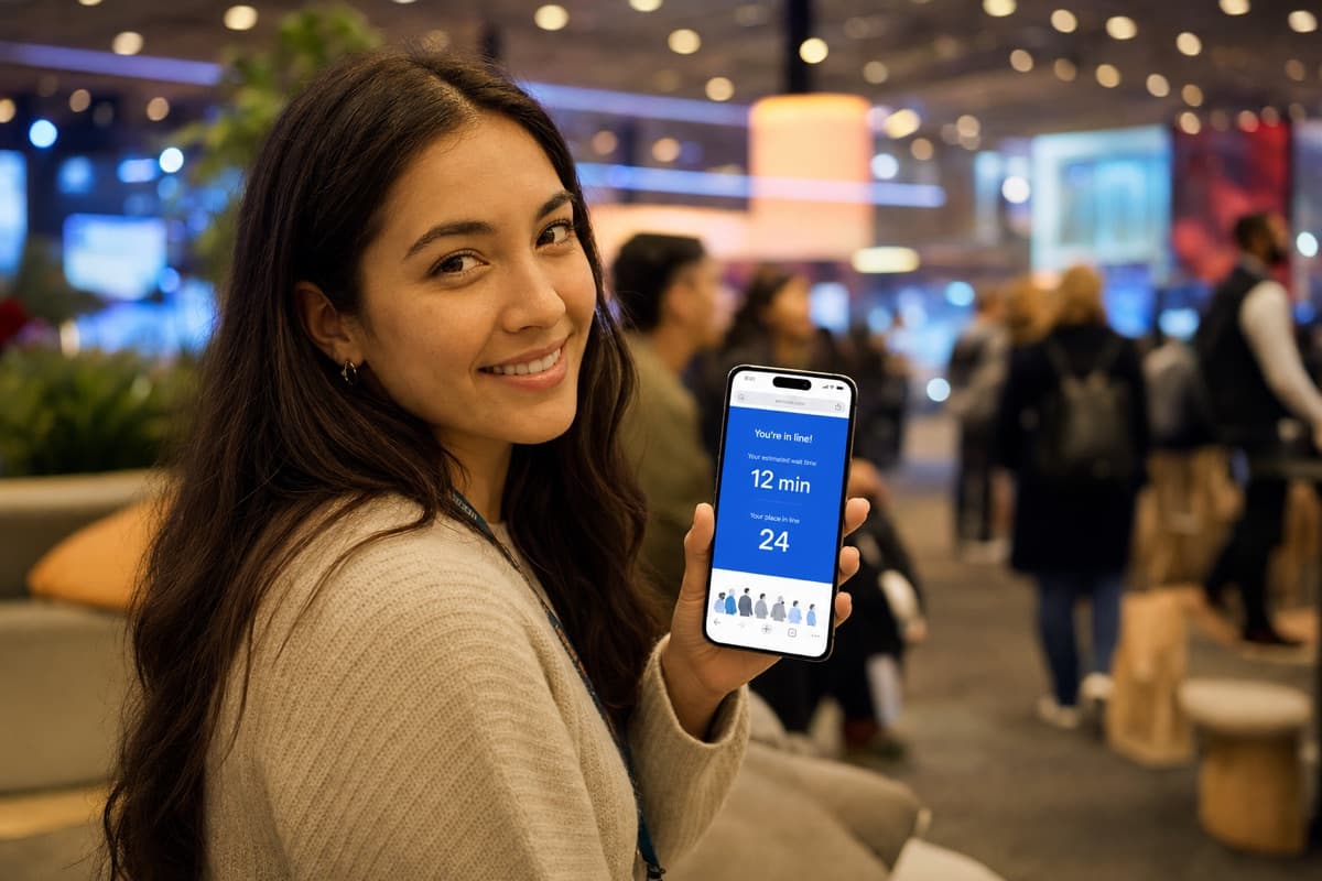 Event attendee holding a phone showing their virtual queue position and wait time