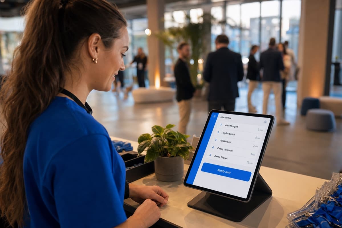 Event staff tapping notify on a live queue dashboard tablet to call the next attendee