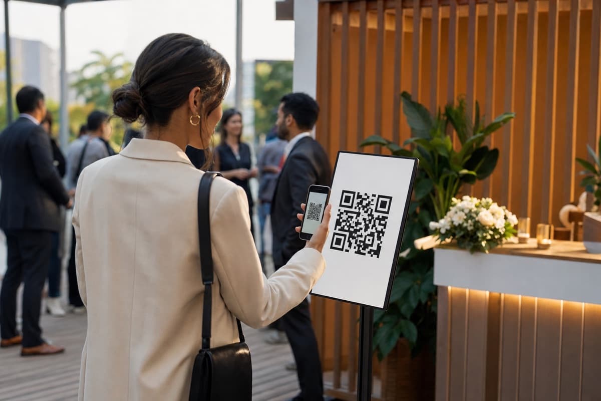 QR code sign at an event booth entrance with an attendee scanning it on their phone