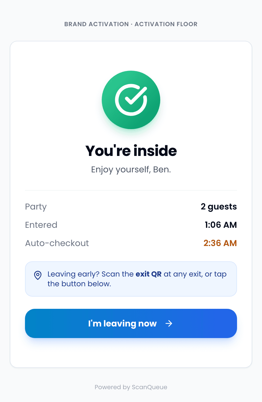 Guest ticket on a phone showing You are inside, party size, time entered, auto checkout time and an I am leaving now button