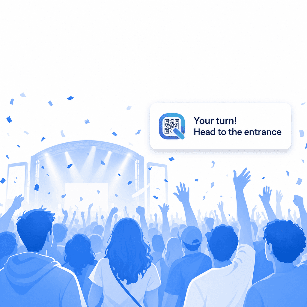 Event crowd with a ScanQueue notification reading Your turn, head to the entrance