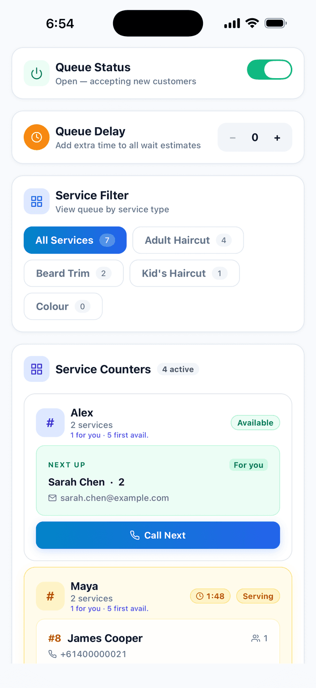 ScanQueue staff app on iPhone showing service counters with the next customer up and a Call Next button