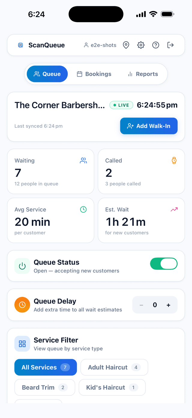 ScanQueue native staff app on iOS and Android showing the live queue with call-next controls, plus an iPad kiosk check-in screen