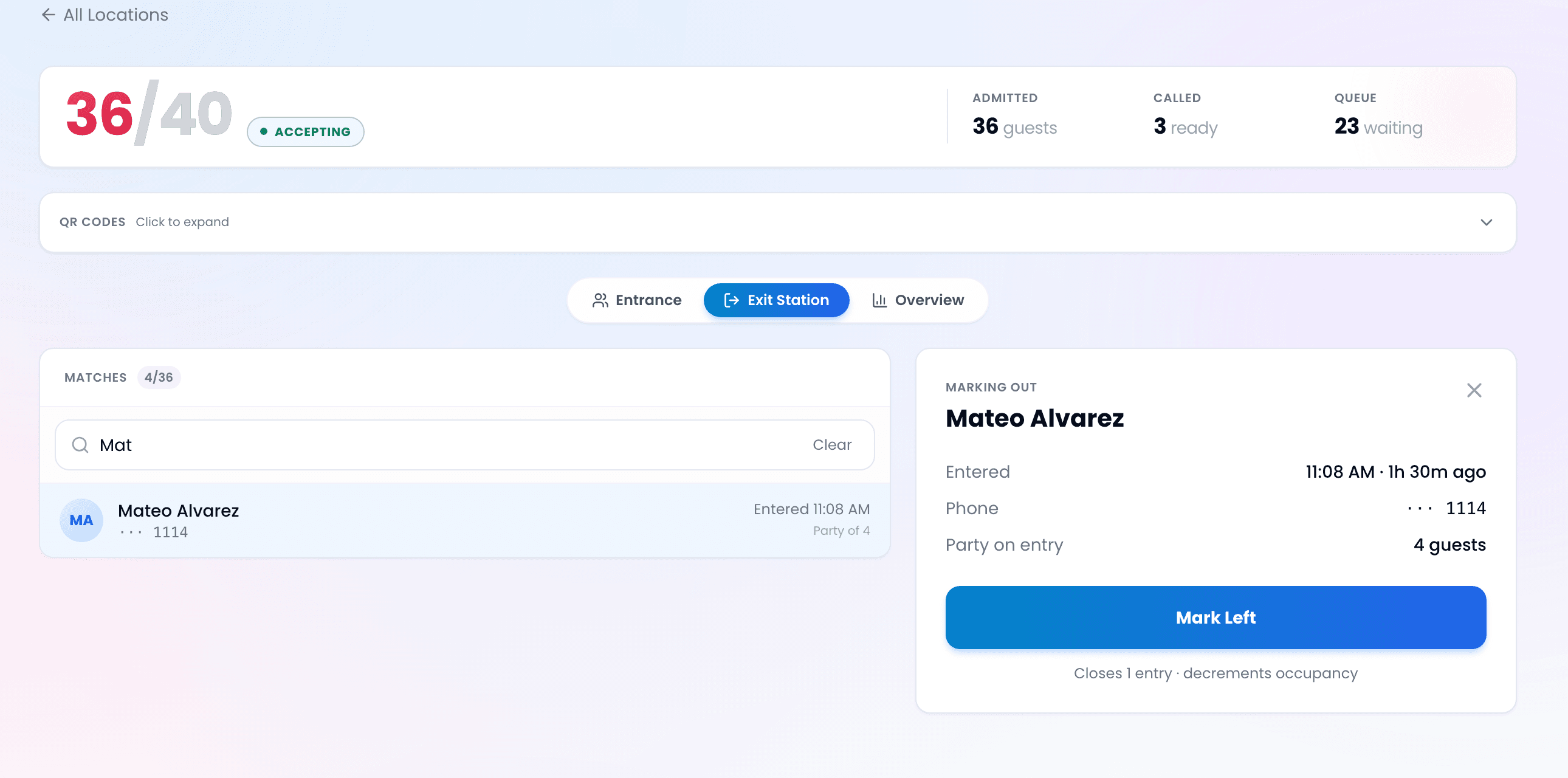 Live Capacity Exit Station: search for a guest by name, Mateo Alvarez party of four selected, Mark Left button