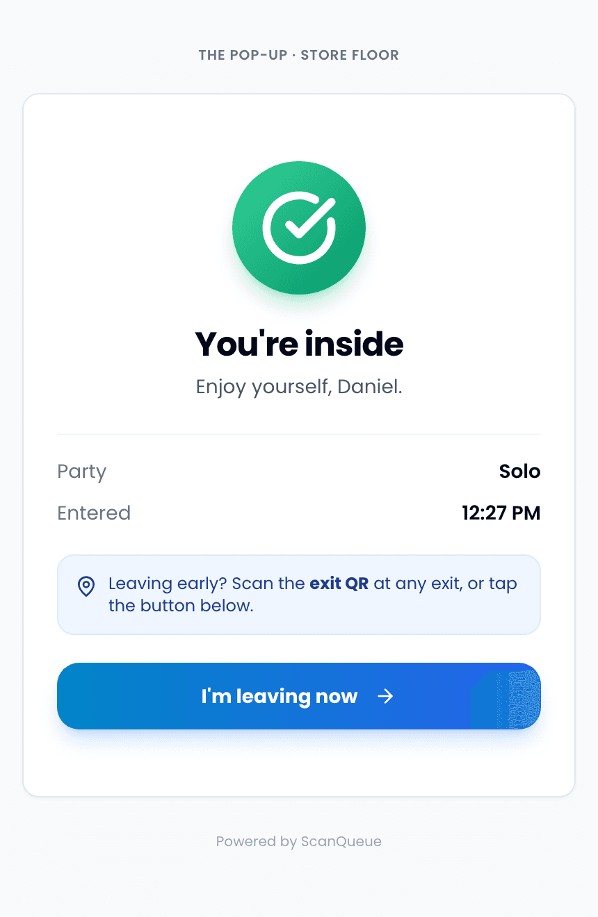 Guest phone ticket: You are inside, party solo, entered 12:27 PM, I am leaving now button