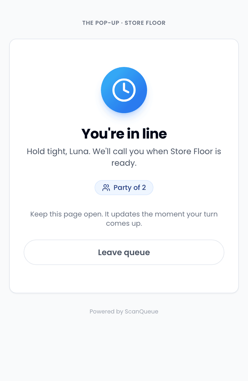Guest phone ticket: You are in line, hold tight Luna, party of two, Leave queue button