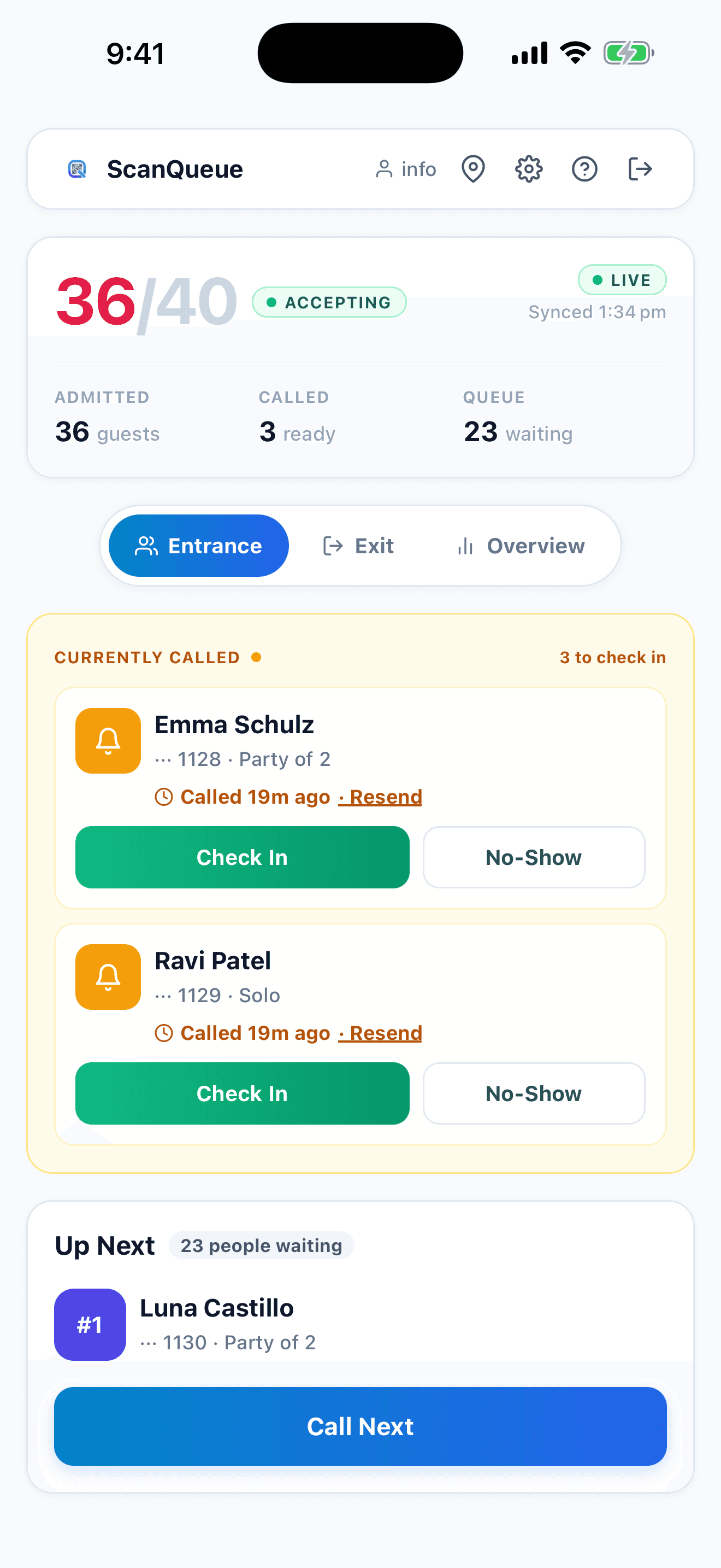 ScanQueue staff app on iPhone showing the pop-up store at 36 of 40, Accepting, two called guests with Check In buttons and the next party waiting