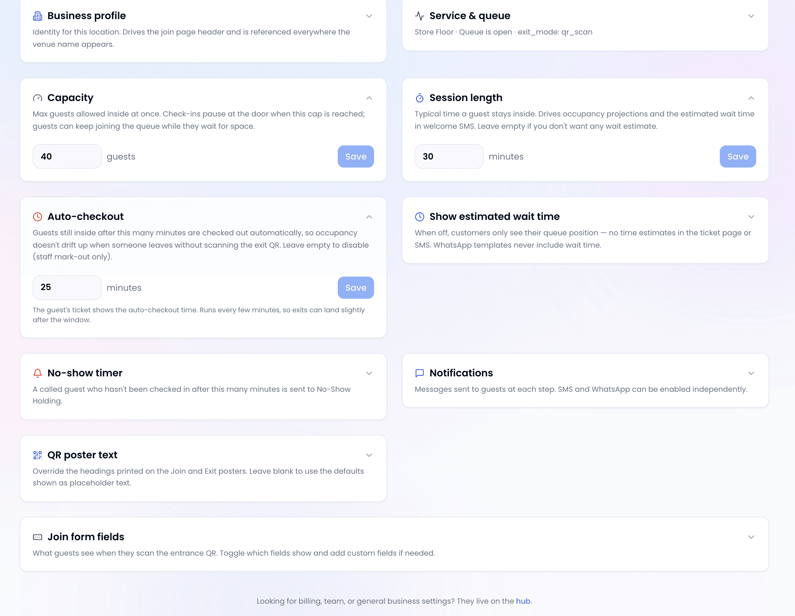Live Capacity settings: capacity 40 guests, session length 30 minutes, auto-checkout 25 minutes, no-show timer, notifications, QR poster text