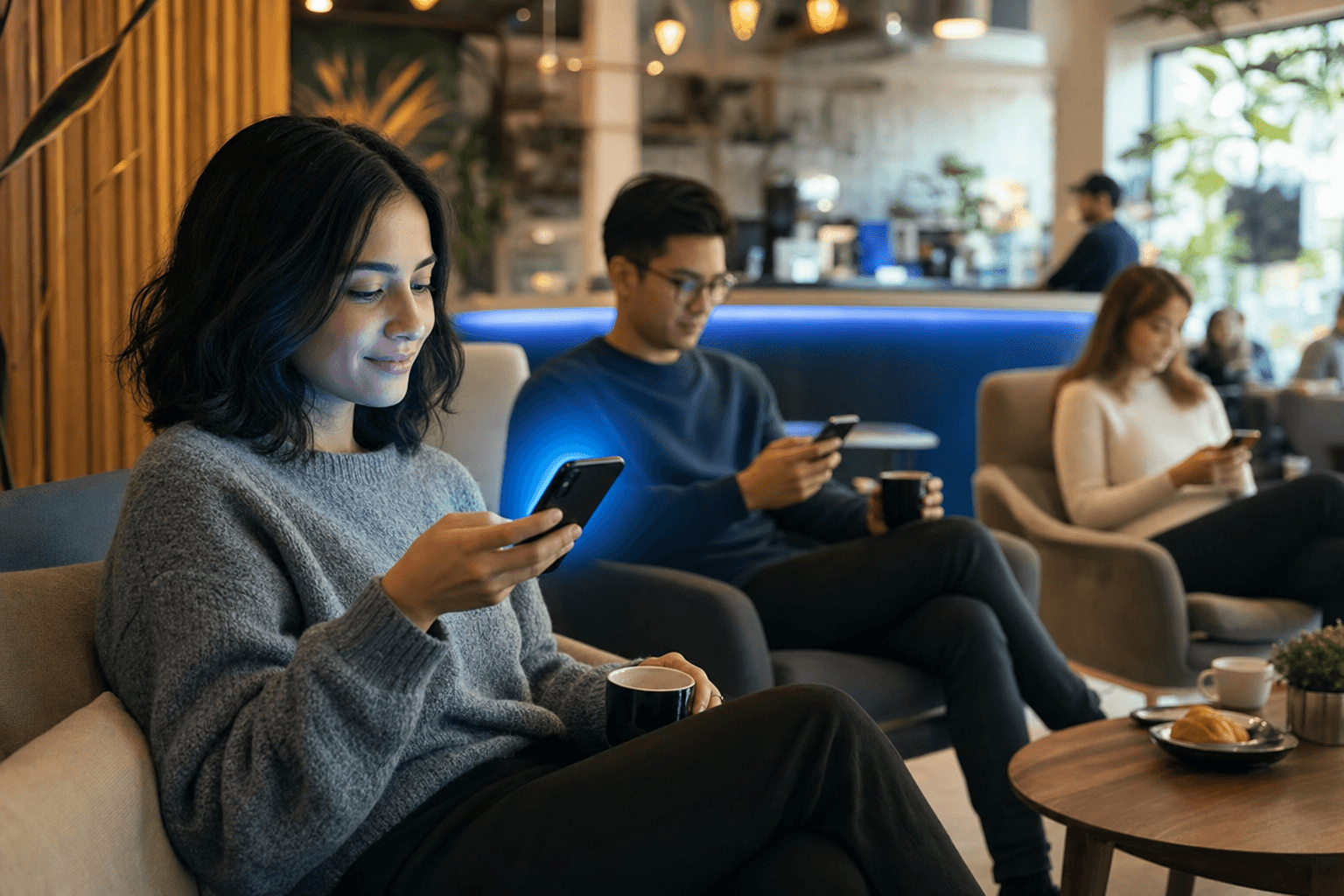 Clientes esperando su turno sentados en un café, mirando su teléfono