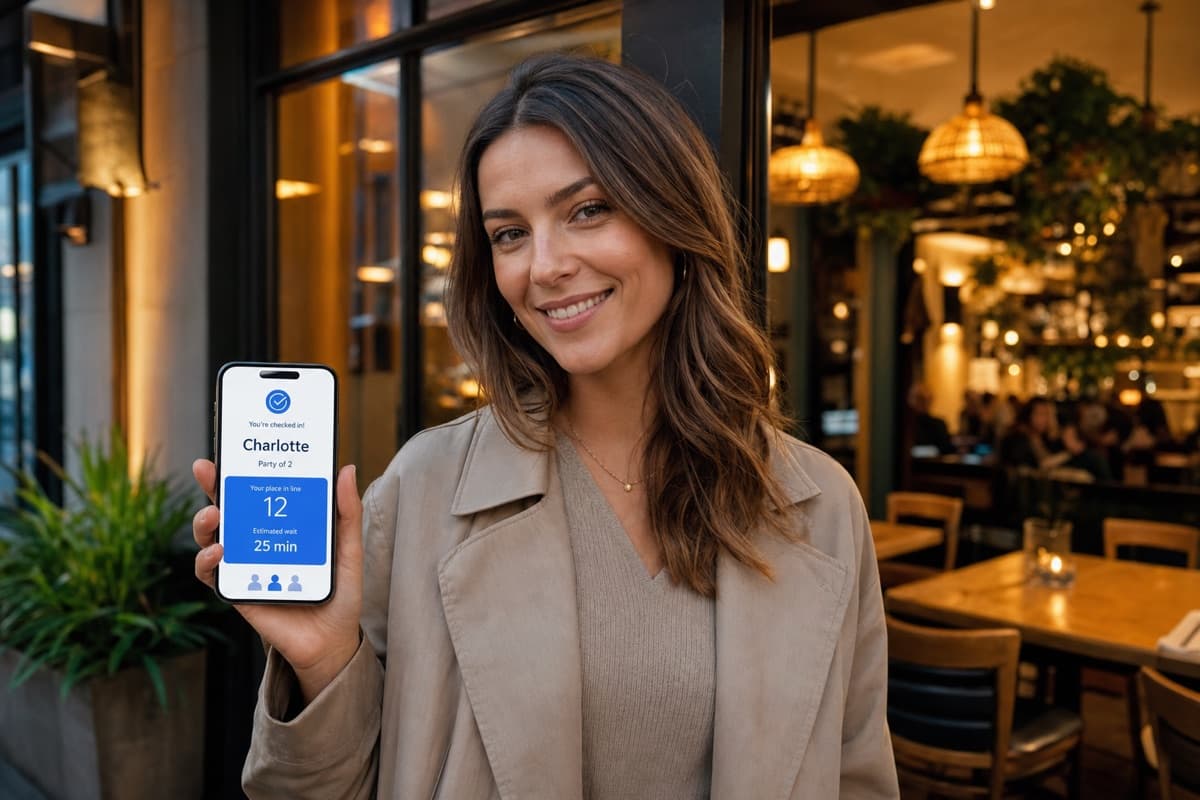 Guest joining the restaurant waitlist on their phone, showing party size and wait time