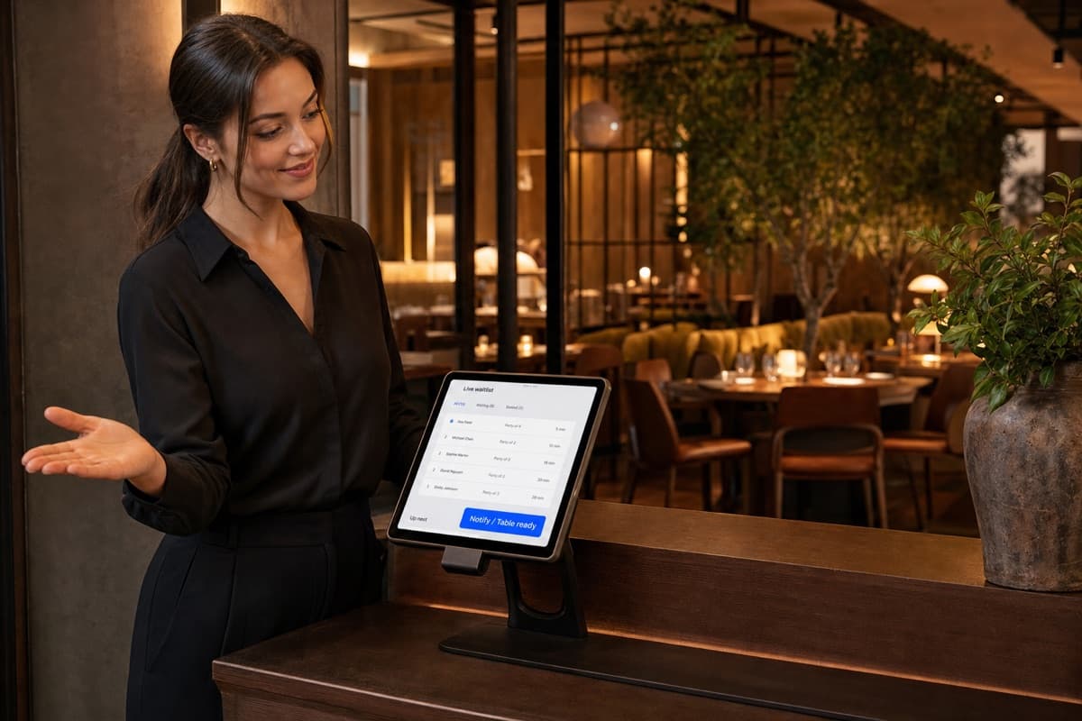 Restaurant host tapping notify on the waitlist dashboard to seat the next party