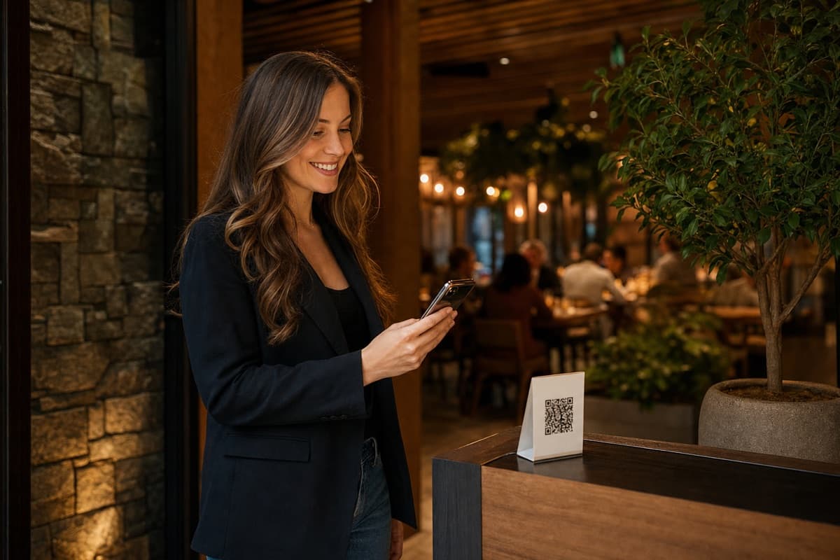 Restaurant guest scanning a QR-code table tent with their phone at the entrance