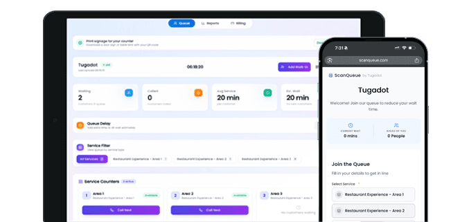 ScanQueue queue management dashboard on a tablet with the customer queue-join screen on a phone