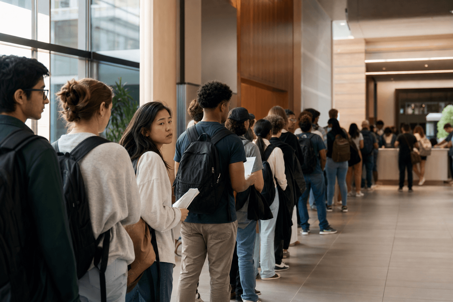 A long line of students waiting in a campus corridor during enrolment week