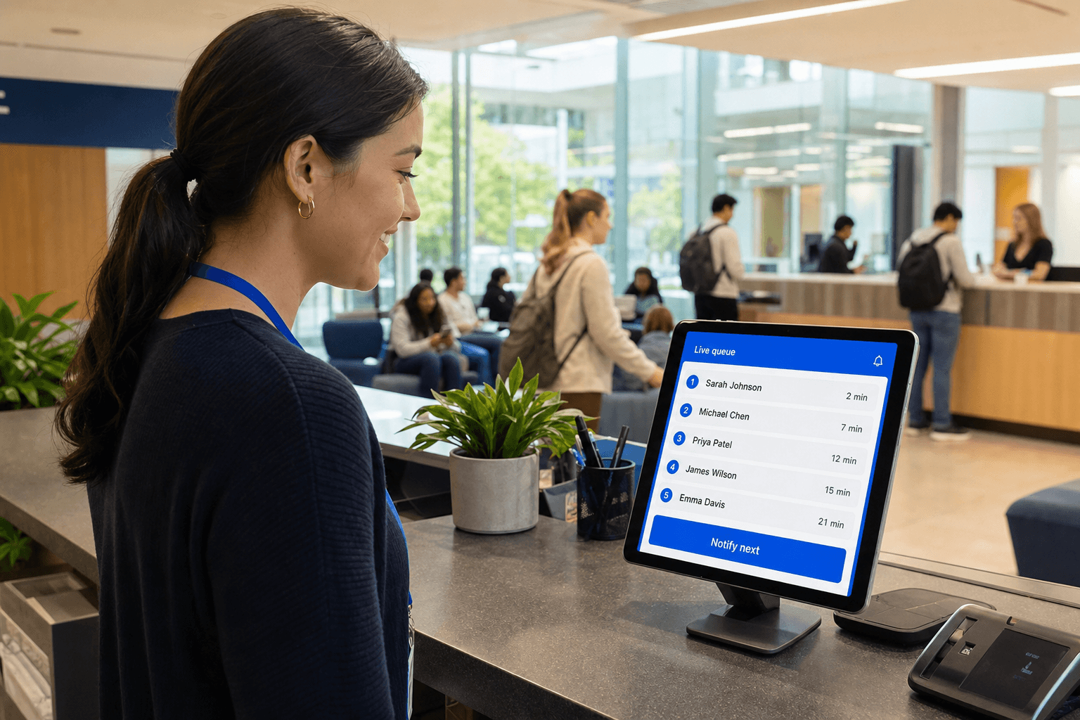 A student-services staff member managing the live queue dashboard on a tablet at a one-stop help desk