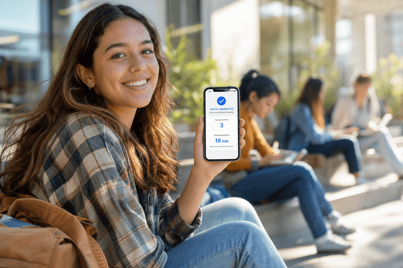 A student relaxing on campus, holding a phone showing their live place in the queue