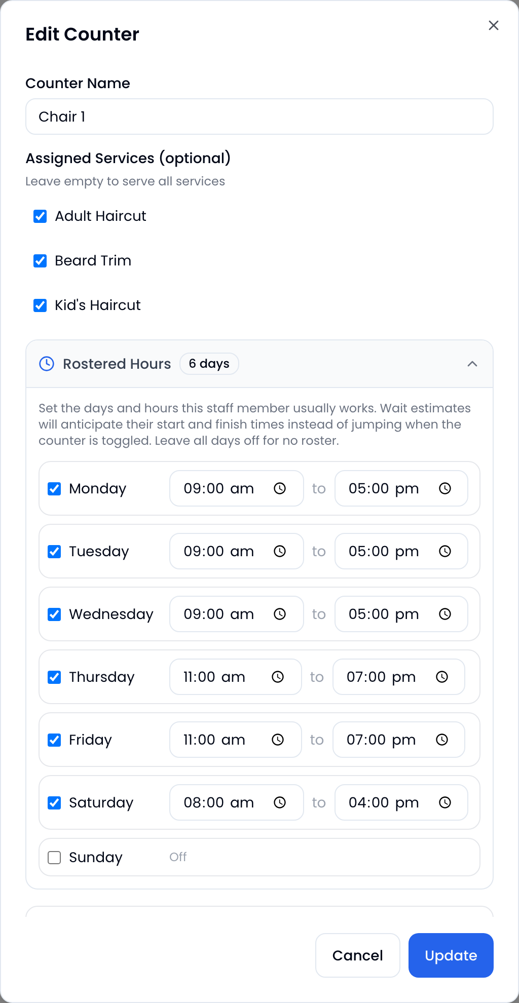 ScanQueue counter editor showing Rostered Hours expanded with Monday to Saturday shift times per day and Sunday off
