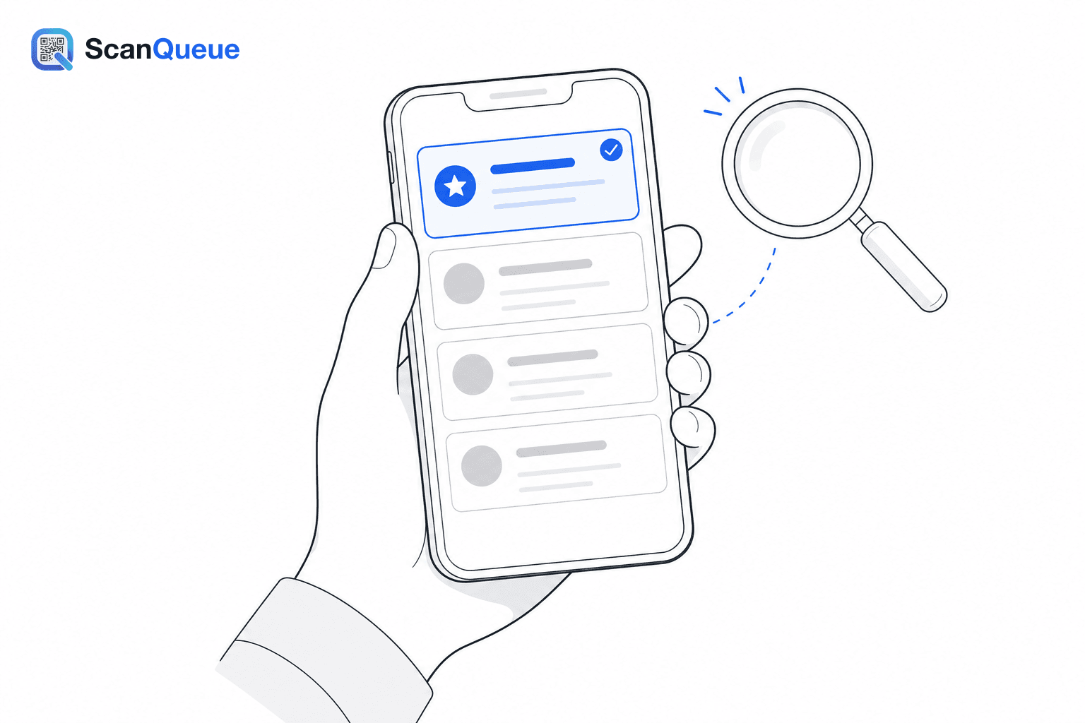 Smartphone showing a ranked list of queue management apps with the top pick highlighted, beside a magnifying glass