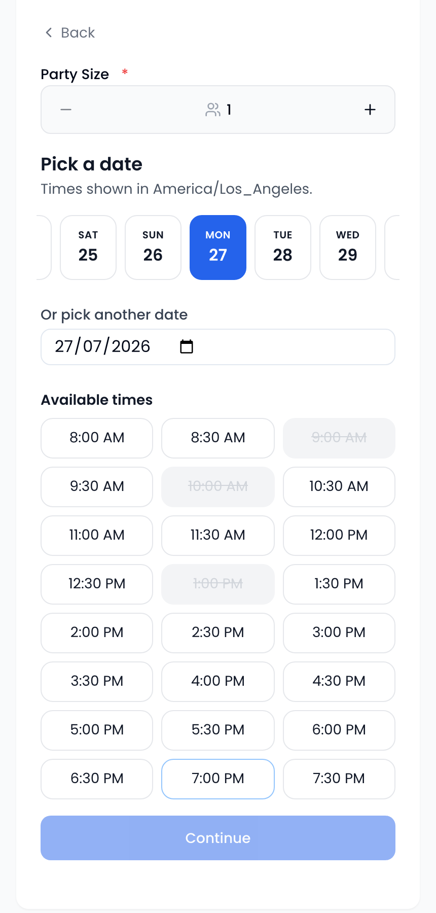 ScanQueue booking page on a phone showing a 14-day date strip, the selected date, and a grid of available time slots with already-booked times crossed out