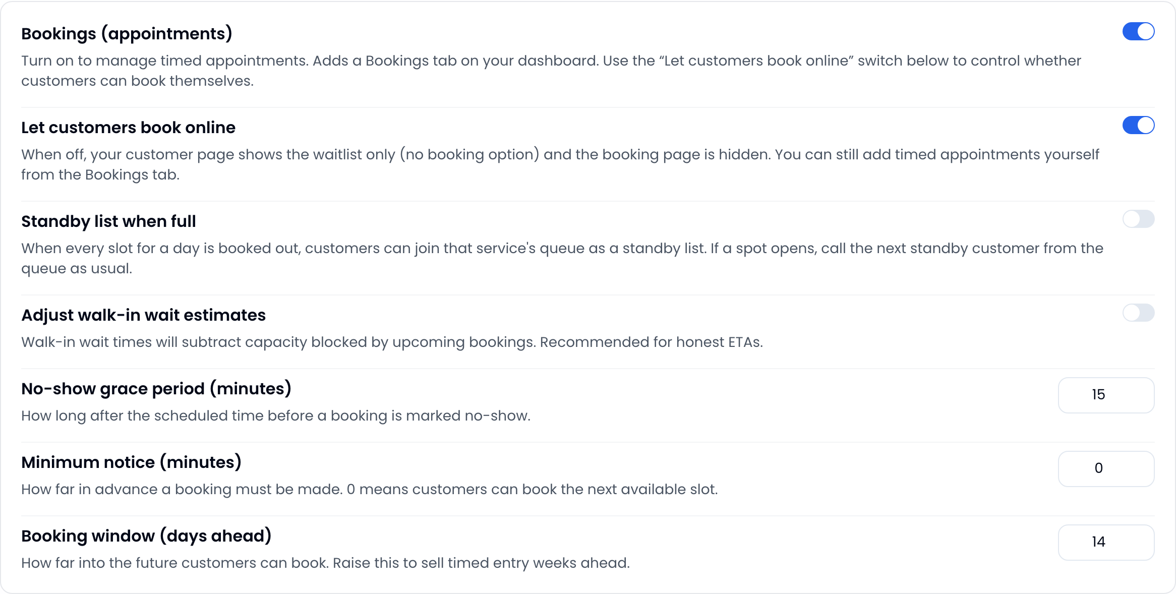 ScanQueue Booking Settings panel showing toggles for bookings, letting customers book online, standby list, walk-in wait adjustment, plus fields for no-show grace period, minimum notice and booking window
