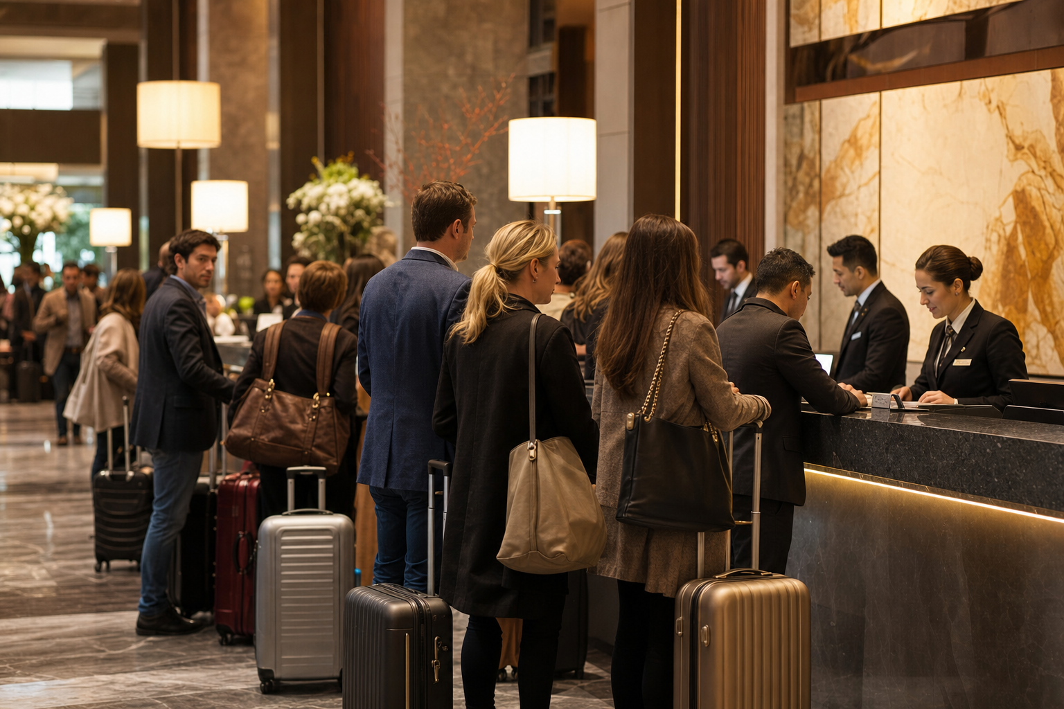Guests with luggage waiting in line at a busy hotel front desk during the afternoon check-in rush