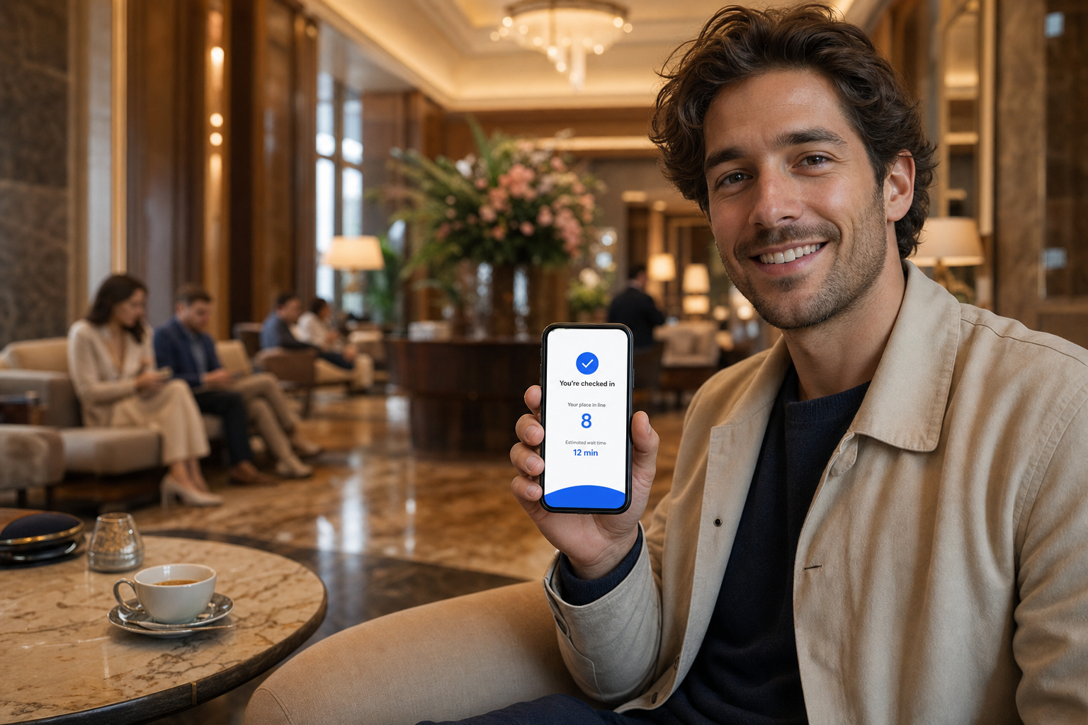 Hotel guest relaxing in the lobby holding a phone that shows their place in a QR check-in queue and an estimated wait time
