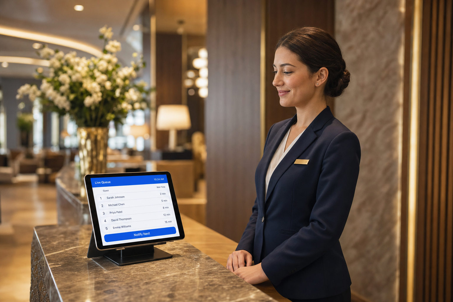 Hotel receptionist using a tablet at the front desk showing a live queue management dashboard with a list of waiting guests and a notify-next button