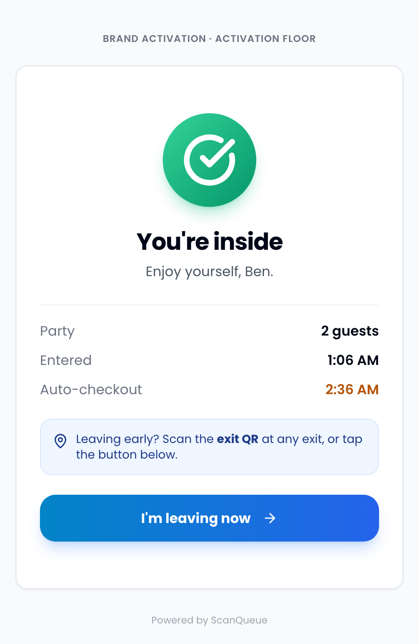 Live Capacity guest ticket on a phone reading You're inside, showing party size, entry time, auto-checkout time, and an I'm leaving now button