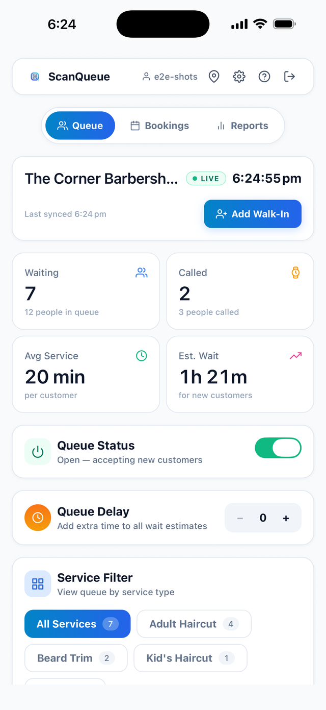 ScanQueue staff app on iPhone showing the live queue with waiting and called counts, average service time, estimated wait, and service filters