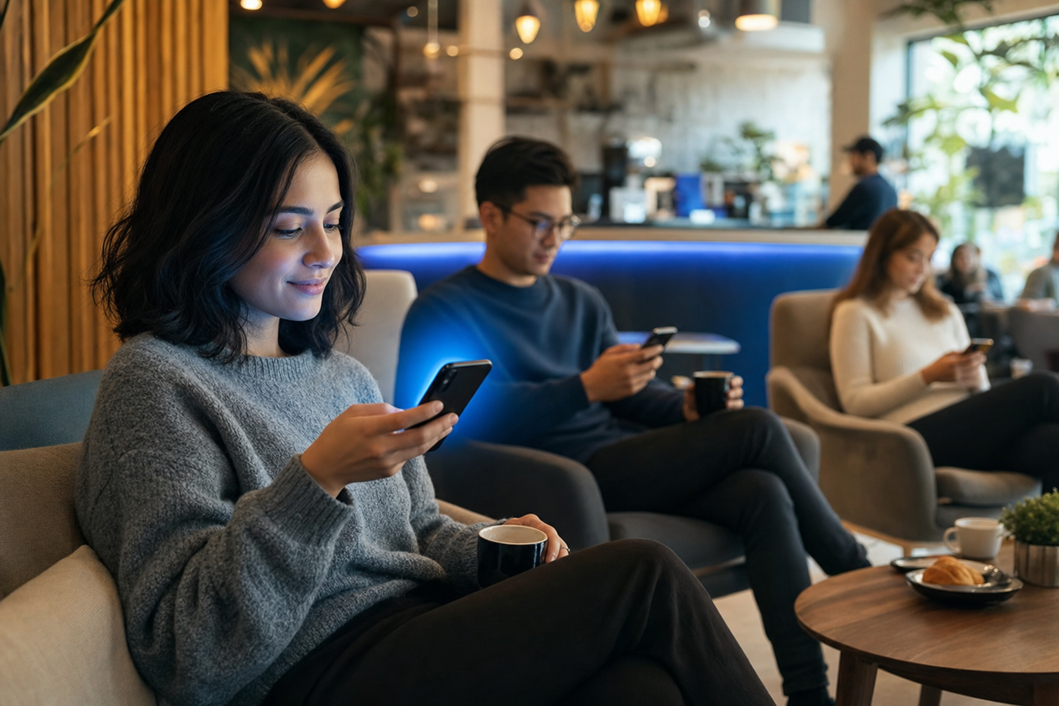 Customers relaxing with coffee and checking their phones while waiting in a virtual queue instead of standing in a physical line