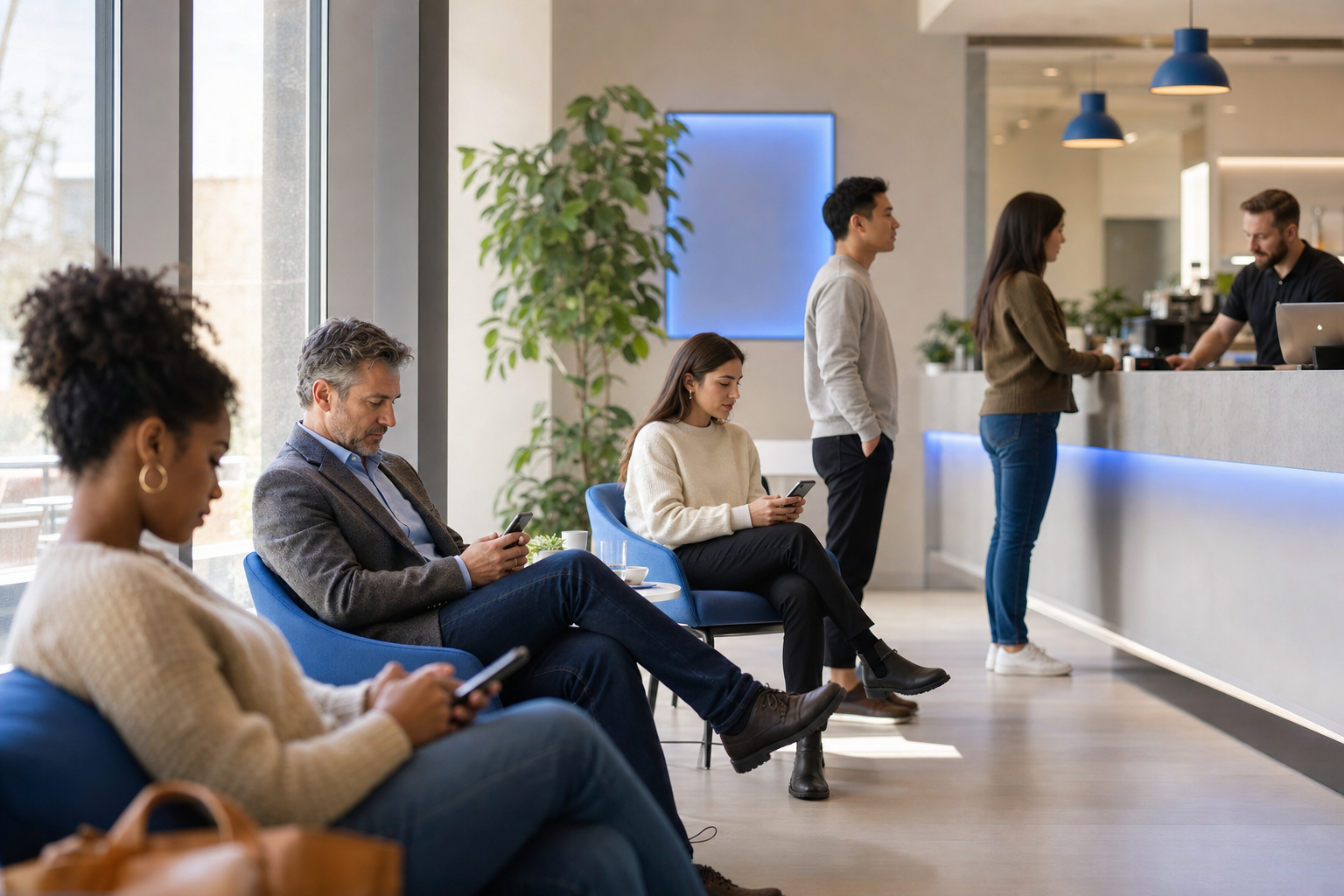 Diverse people waiting comfortably in a modern reception area, some checking their phones, instead of standing in a line